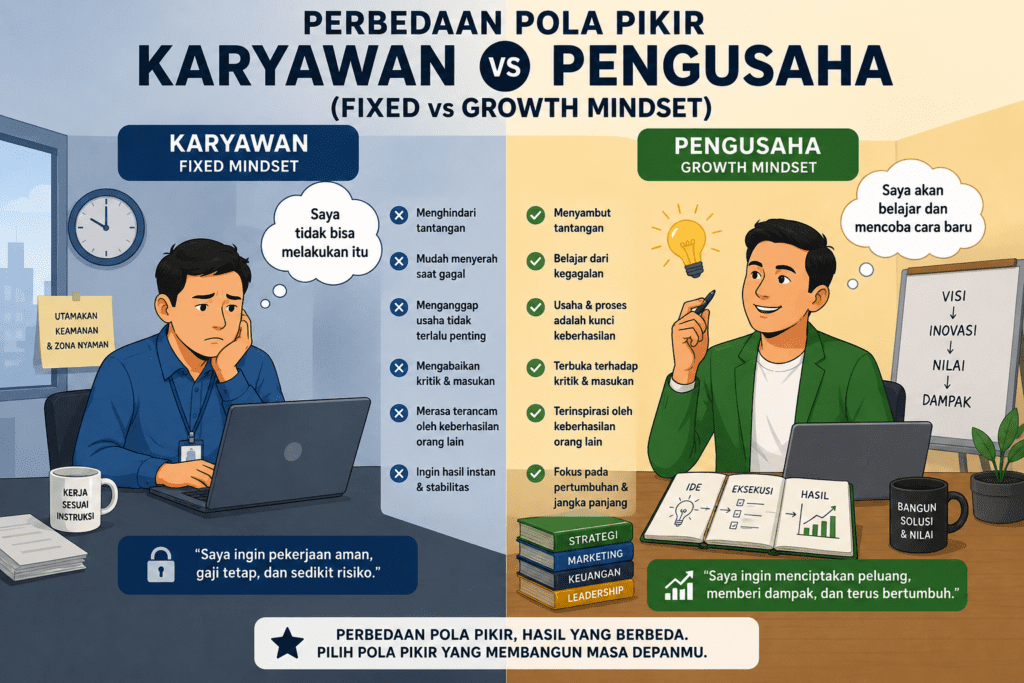 Perbedaan Pola Pikir Karyawan vs Pengusaha (Fixed vs Growth Mindset)