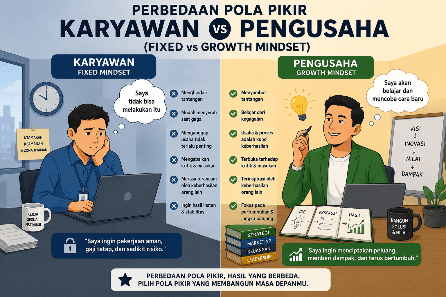 Perbedaan Pola Pikir Karyawan vs Pengusaha (Fixed vs Growth Mindset)
